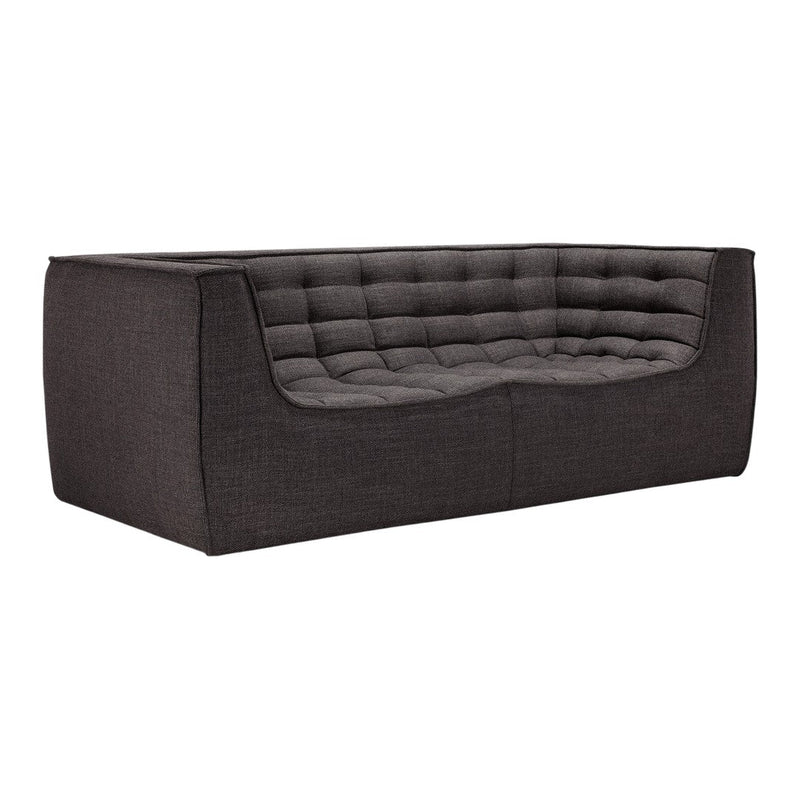 Sleek gray sofa with a modern tufted design, featuring a textured fabric and clean lines for contemporary style.