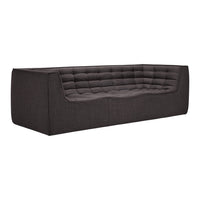 Modern dark gray upholstered sofa with tufted detailing and a sleek rectangular design. Ideal for contemporary interiors.