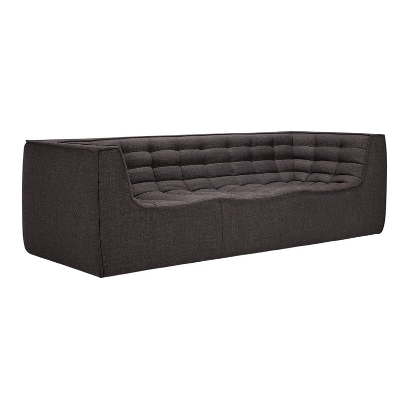 Modern dark gray upholstered sofa with tufted detailing and a sleek rectangular design. Ideal for contemporary interiors.