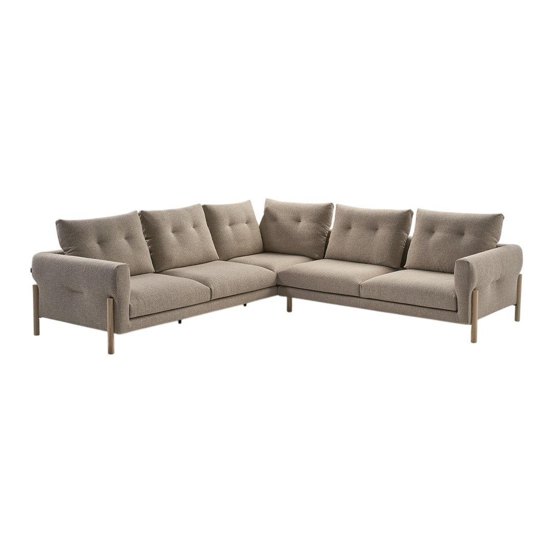 Beige upholstery couch with a sleek design and soft, button-tufted cushions, featuring wooden legs for added elegance.