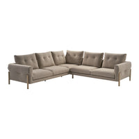 Beige upholstery couch with a sleek design and soft, button-tufted cushions, featuring wooden legs for added elegance.