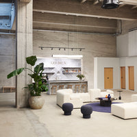 Industrial lounge with white modular seating, Les Deux marble bar, exposed concrete details, and tropical plant beside purple rug.