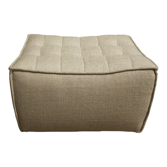 Beige square ottoman with a tufted design and textured fabric for a modern, versatile look. Ideal for any decor.