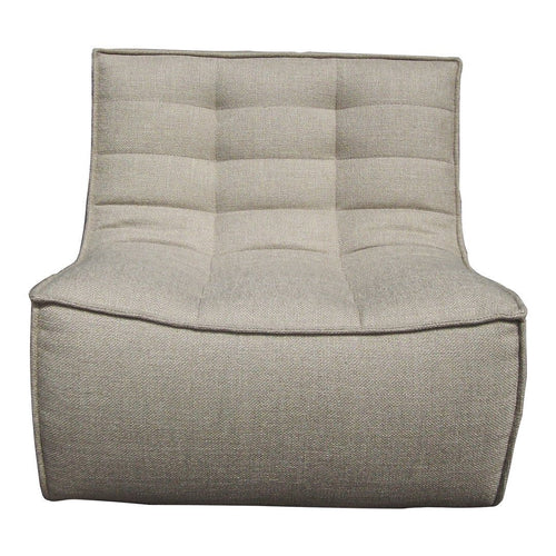 Light gray fabric chair with a tufted design, featuring a smooth texture and rounded edges for modern decor.