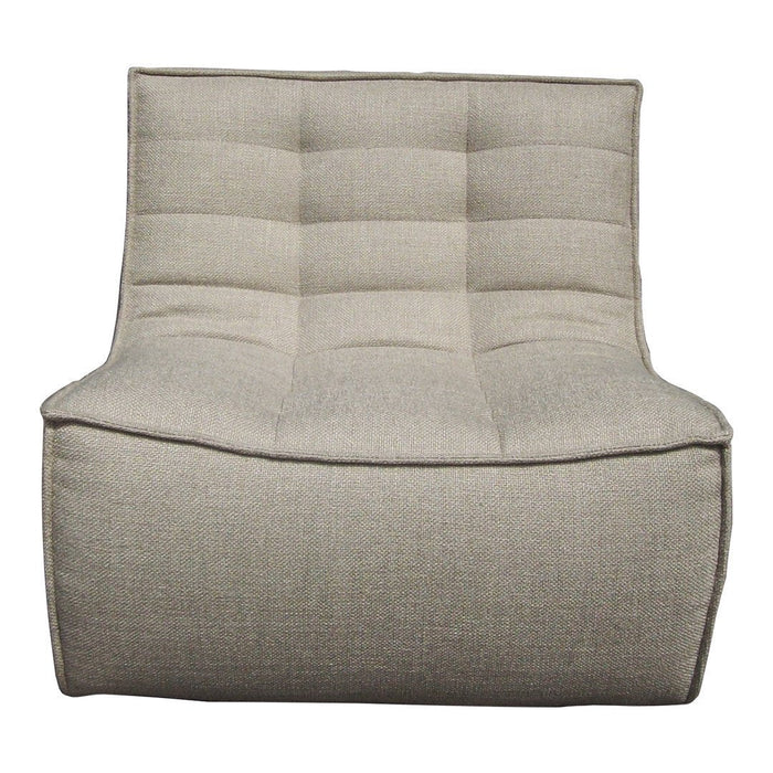 Light gray fabric chair with a tufted design, featuring a smooth texture and rounded edges for modern decor.