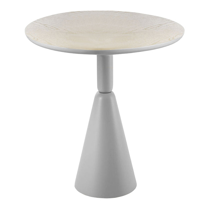 Elegant round table with a textured light wood top and a sleek gray cone base, blending modern simplicity.