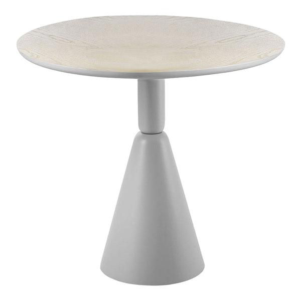 Modern gray and cream accent table with a textured round top and a sleek cone-shaped base. Minimalist design for contemporary decor.