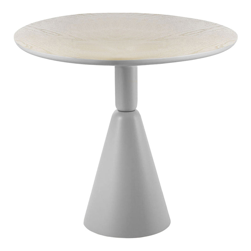 Modern gray and cream accent table with a textured round top and a sleek cone-shaped base. Minimalist design for contemporary decor.