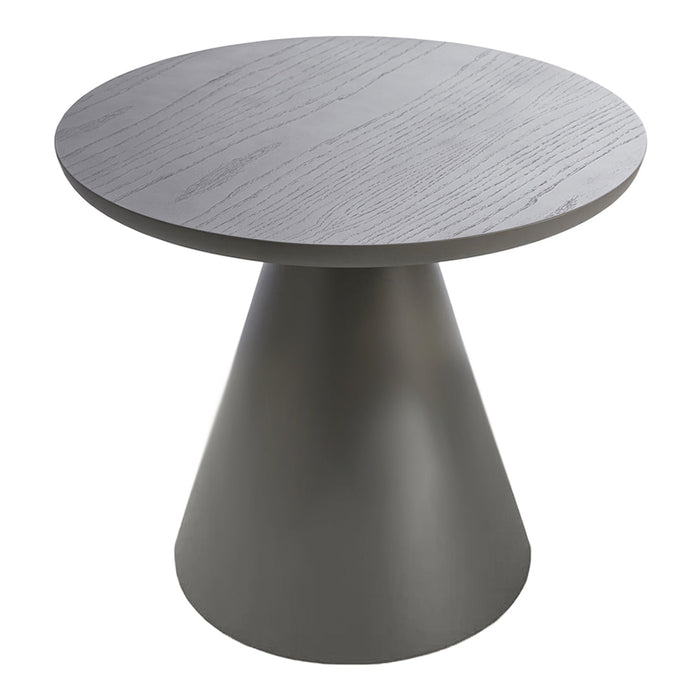 Gray round table with a textured wood grain top and smooth conical base, ideal for modern decor.