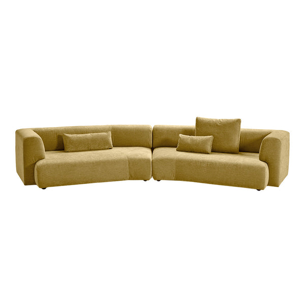 "Modern yellow sectional sofa with a smooth texture and simple, minimalistic design, featuring plush cushions."
