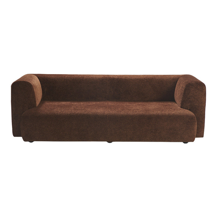Brown upholstered sofa with a sleek, minimalist design and soft, textured fabric for a modern aesthetic.
