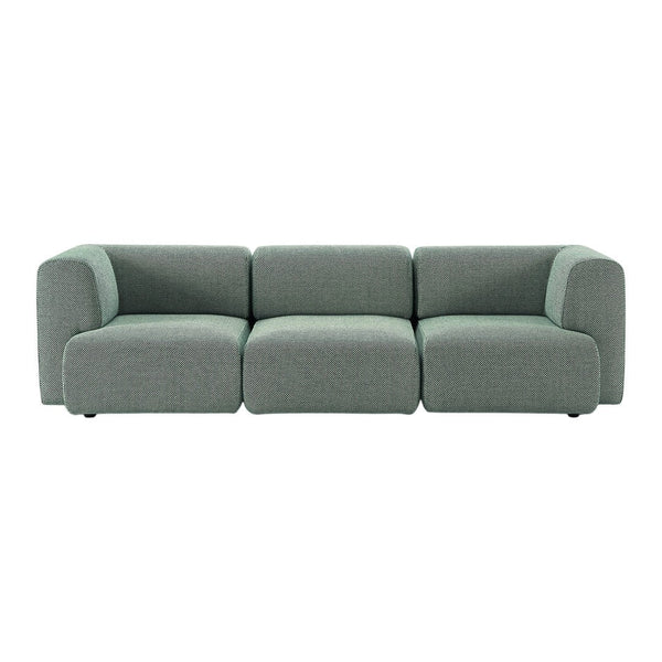 Modern three-section sofa in textured mint green fabric with subtle geometric pattern. Perfect for contemporary living spaces.