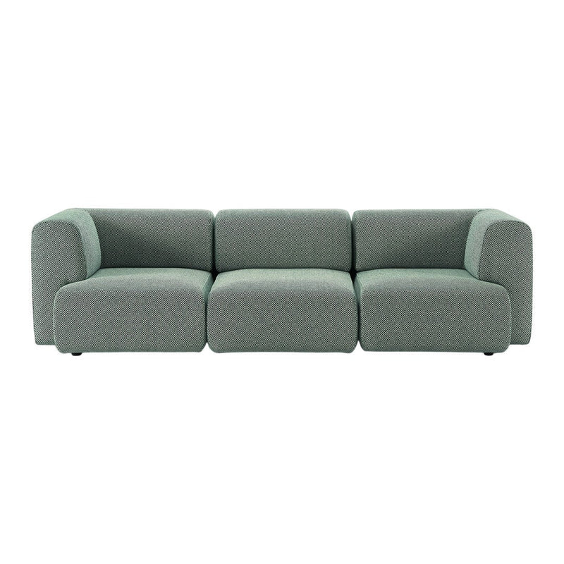 Modern three-section sofa in textured mint green fabric with subtle geometric pattern. Perfect for contemporary living spaces.