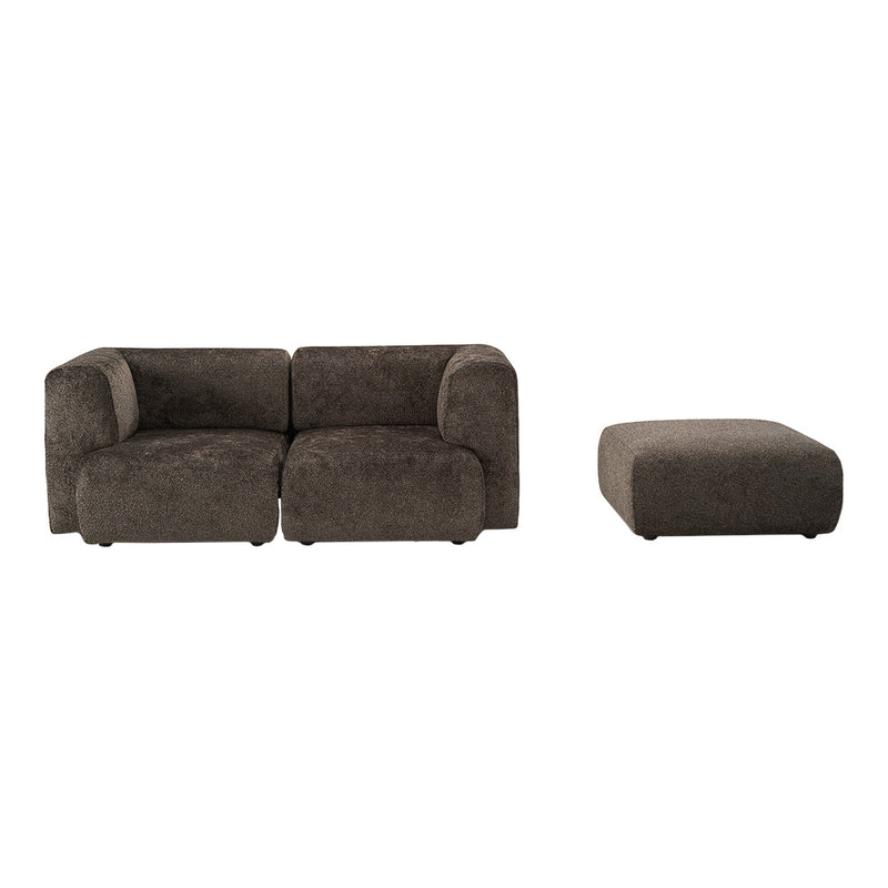Brown upholstered sofa with curved arms and matching ottoman, featuring a soft, textured fabric. Perfect for modern decor.