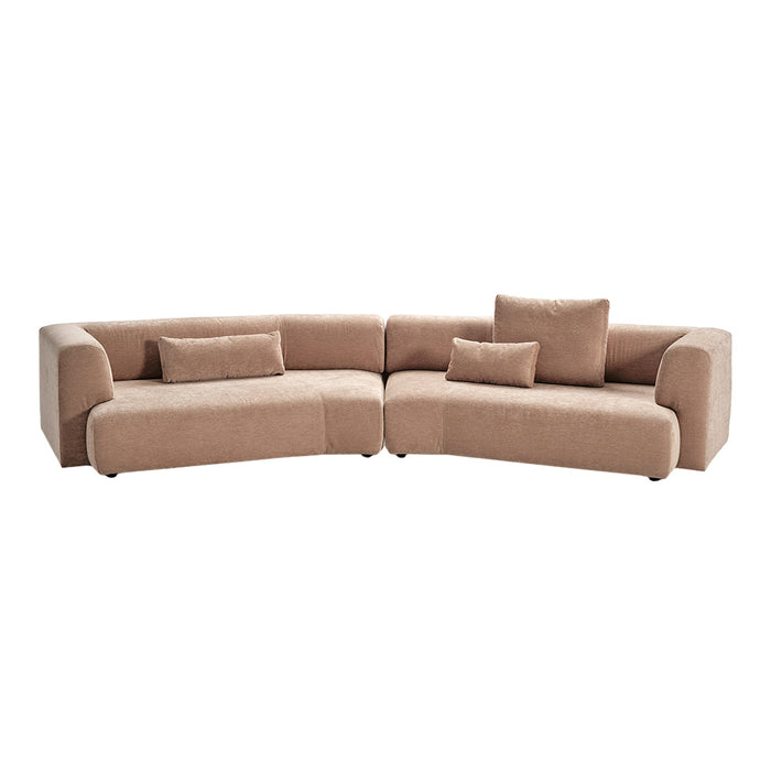 Beige sectional sofa with a smooth texture and minimalist design, featuring soft cushions for added comfort.