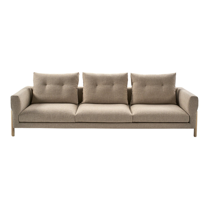Modern beige sofa with a smooth texture and three plush cushions, perfect for contemporary living spaces.