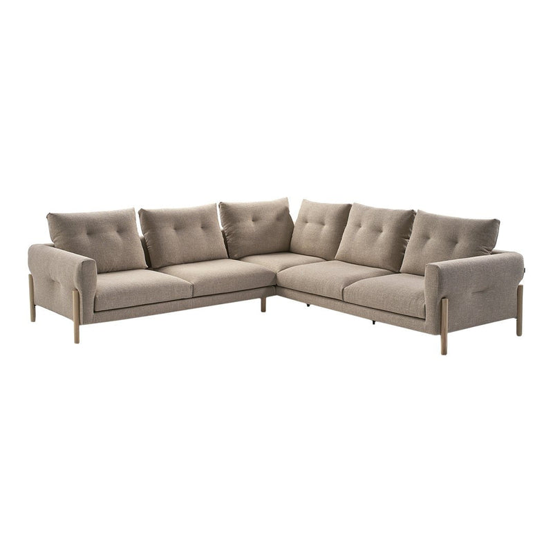 Light beige sectional sofa with a textured fabric and button-tufted cushions, featuring natural wood legs.