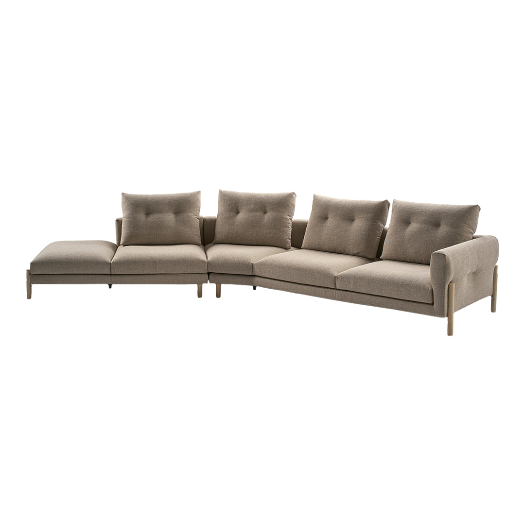 Beige sectional sofa with tufted cushions and light wooden legs, featuring a modern, clean design. Perfect for cozy living spaces.