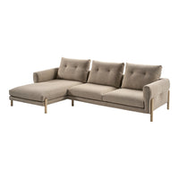 Beige sectional sofa with tufted cushions and a minimalist design, perfect for modern living spaces.