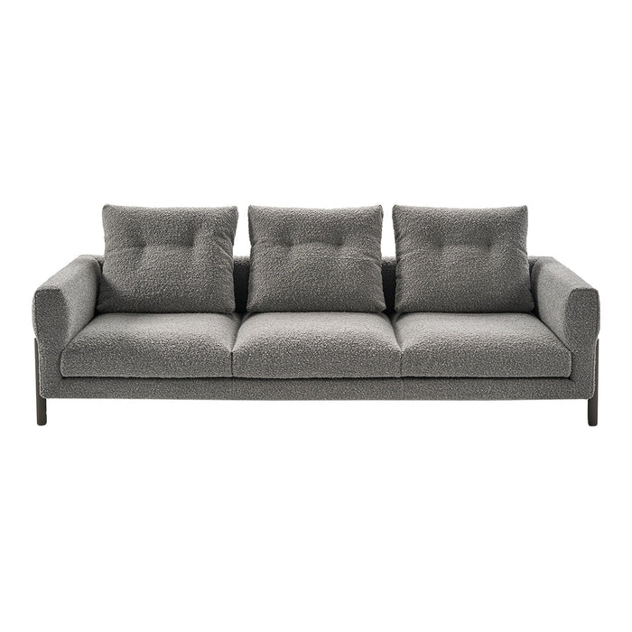 Gray three-seater sofa with plush cushions and a clean, modern design, featuring subtle texture for added depth.