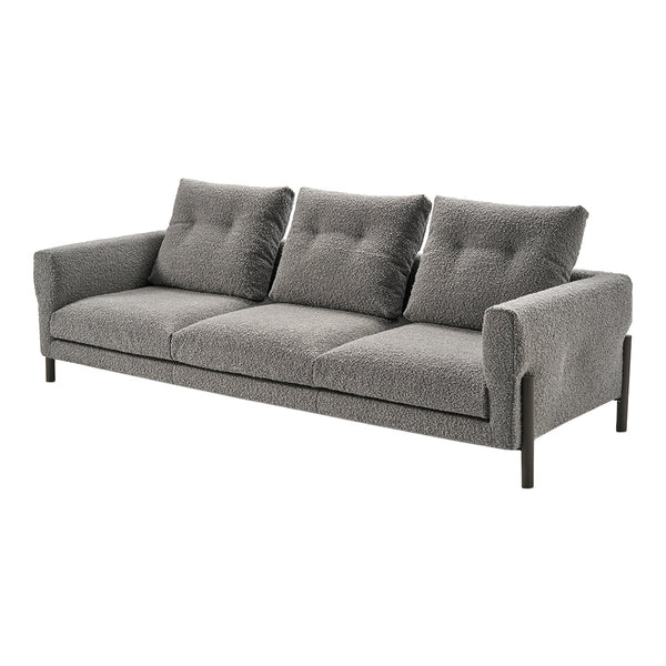 Gray upholstered sofa with textured fabric and button-tufted design, featuring sleek black legs. Perfect for modern decor.