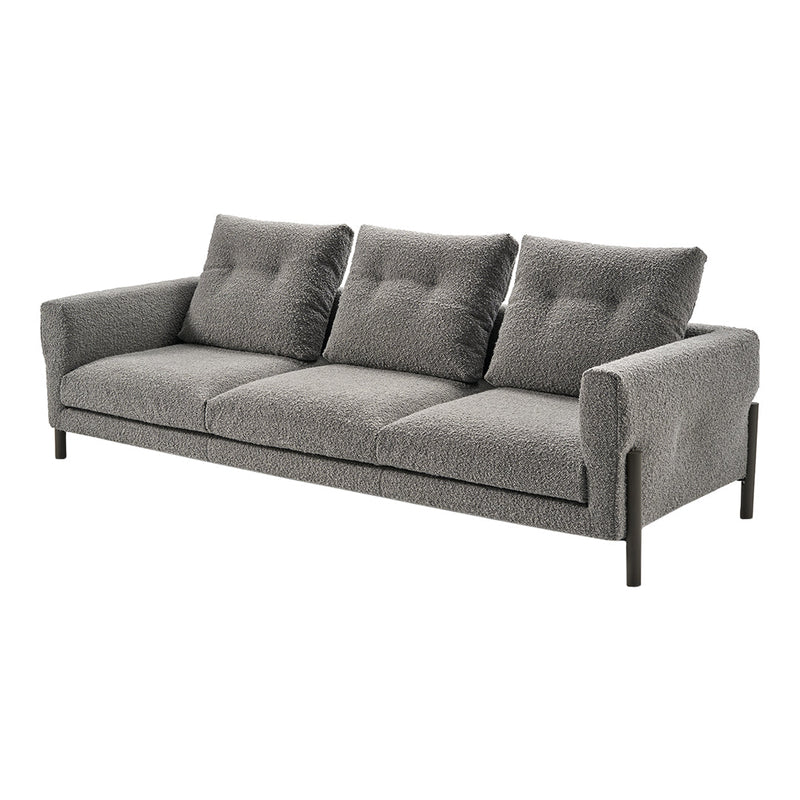 Gray upholstered sofa with textured fabric and button-tufted design, featuring sleek black legs. Perfect for modern decor.