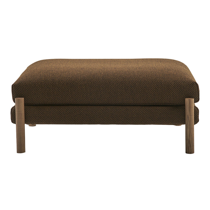 Brown upholstered ottoman with a textured fabric and wooden legs, offering a modern and minimalist design.