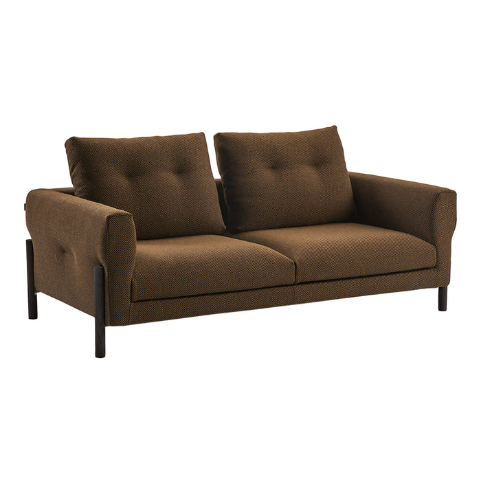 Brown fabric sofa with a smooth texture and tufted cushions, perfect for modern interiors.