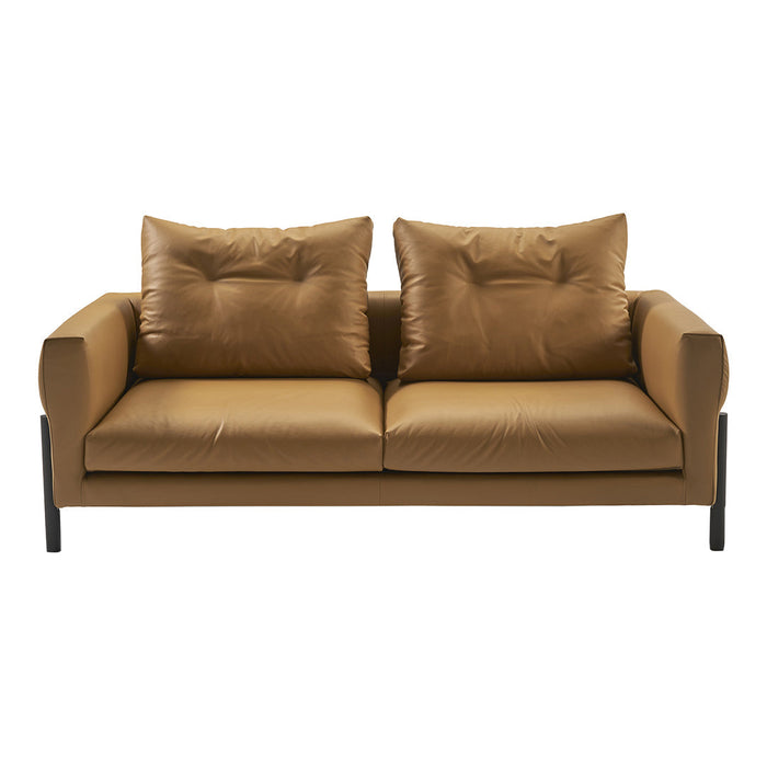Brown leather sofa with plush cushions and a modern design. Ideal for contemporary living spaces.