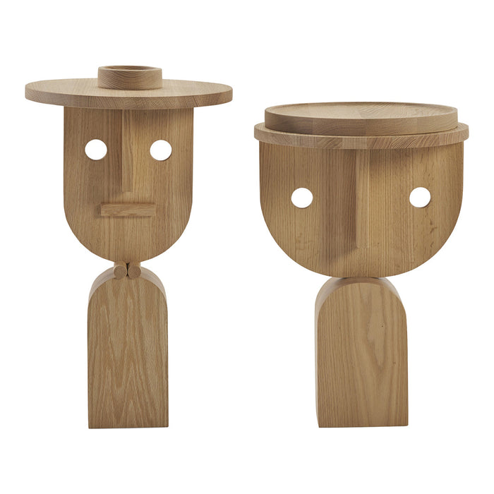 Natural wood finish with minimalist face patterns; unique design creates a playful, modern look.
