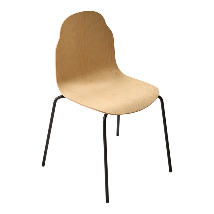 Minimalist natural wood chair with smooth curves and sleek black metal legs, perfect for modern decor.