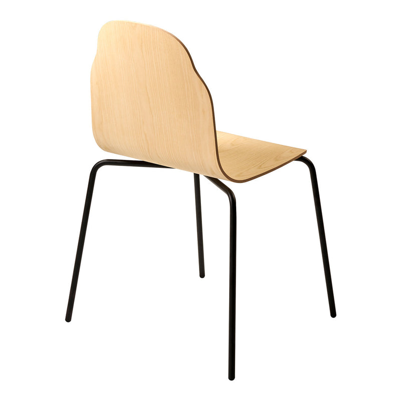 Natural wood finish chair with a minimalistic design and black metal legs, featuring smooth curves and clean lines.