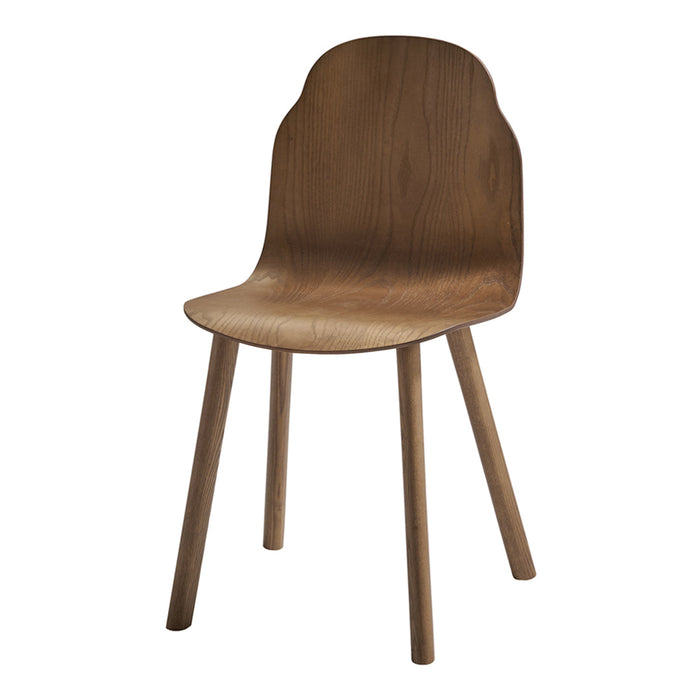 Wooden chair with a smooth, natural dark brown finish and simple, curved back design. Ideal for modern decor.