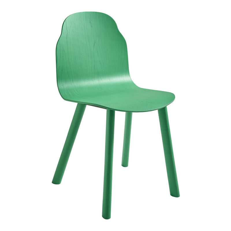 Green wooden chair with a smooth finish and a minimalist design, featuring no patterns for a modern look.
