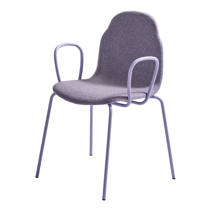 Gray upholstered chair with curved arms and sleek lavender legs, featuring a modern minimalist design.