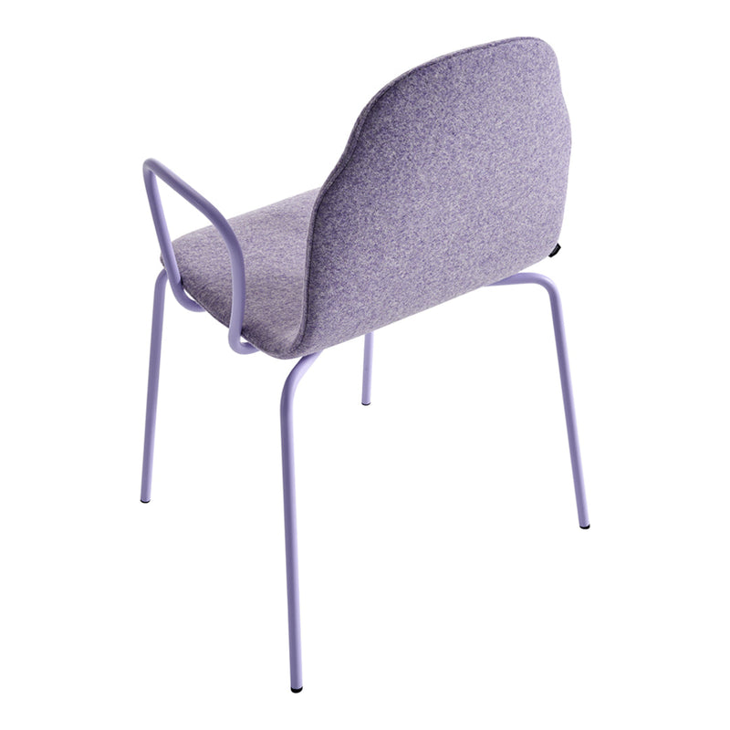 "Pastel lavender fabric chair with a textured pattern and sleek metal legs in matching lavender hue."
