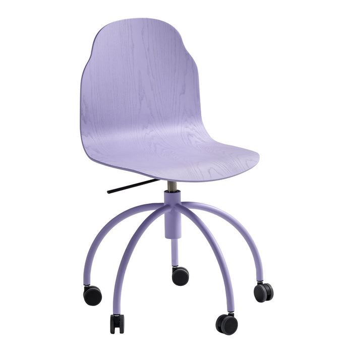 Purple ergonomic chair with smooth surface and five rolling wheels, perfect for stylish home office decor.