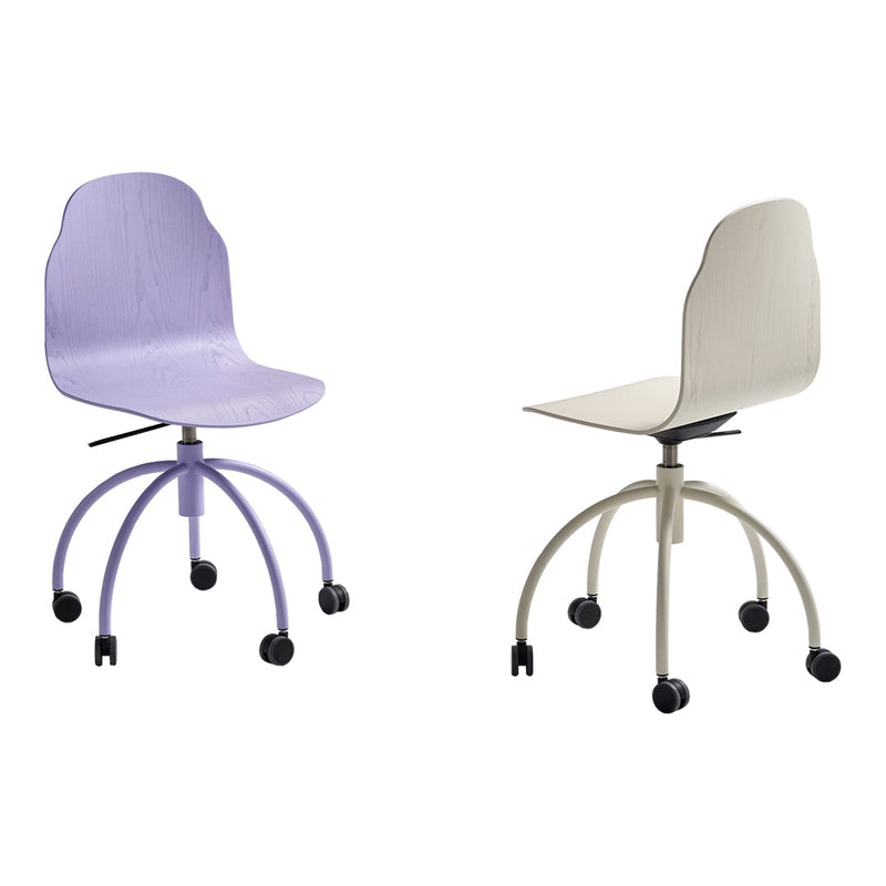 "Contemporary swivel chairs in soft lavender and sleek white with rounded shapes and rolling casters."