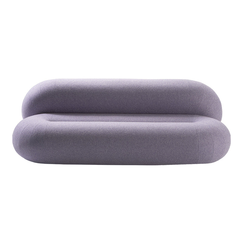 Sleek, modern loveseat in soft lavender gray upholstery with smooth, rounded contours.