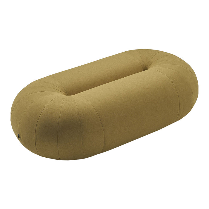 Olive green oval cushion with a smooth, minimalist design and a soft, textured finish. Ideal for modern decor.