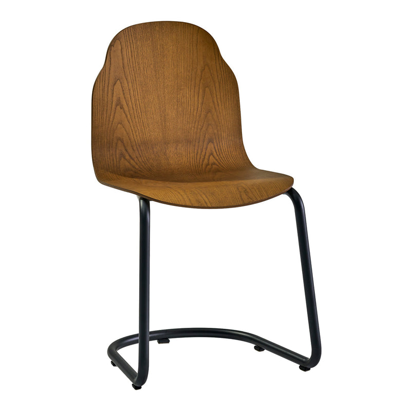 Brown wooden chair with a smooth contour seat and black metal base. Modern, minimalist design for any decor.