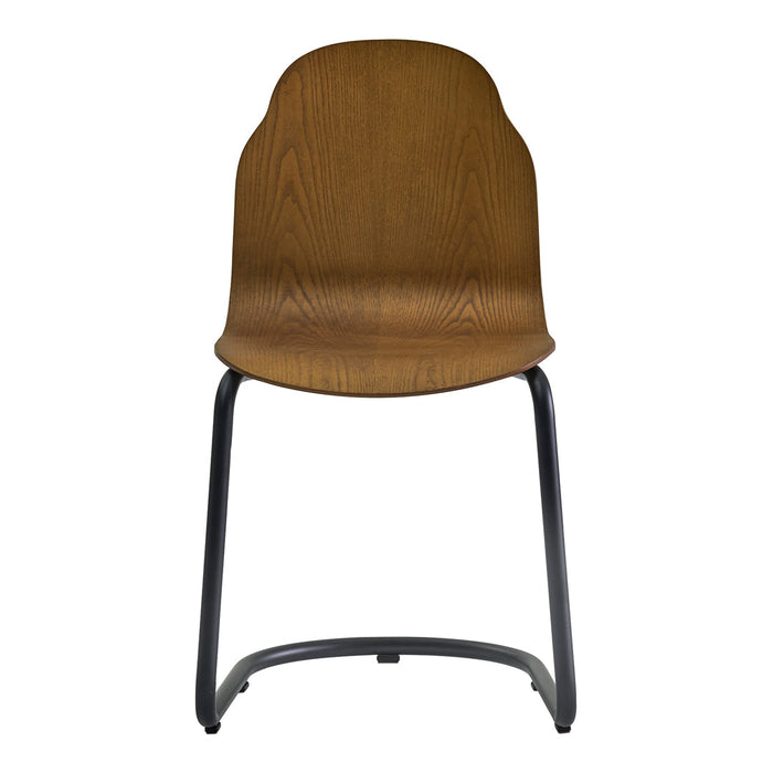Brown wooden chair with a sleek, minimalist design and black metal legs, perfect for modern decor.