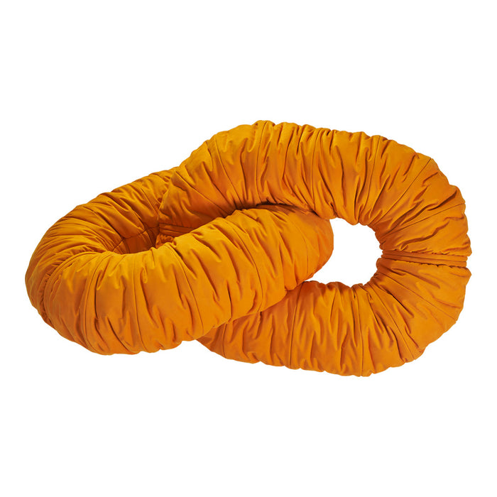 Bright orange twisted fabric, featuring a textured and gathered pattern. Ideal for vibrant decor or versatile use.