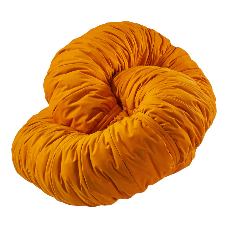 Bright orange spiral-shaped pillow with a smooth, textured fabric. Perfect for adding a pop of color to any space.