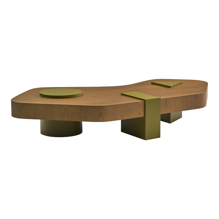Modern wooden coffee table with a natural finish and bold green geometric accents. Unique, contemporary design.