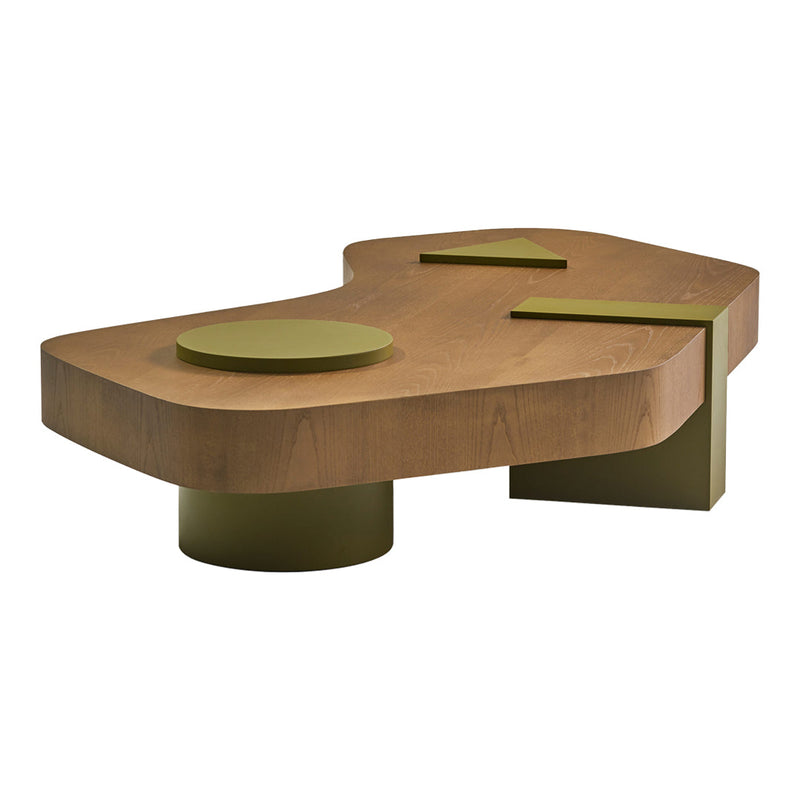 Modern wooden coffee table with organic shape, featuring green geometric accents and smooth natural wood finish.