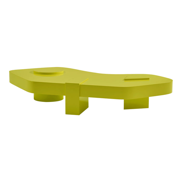 Bright yellow modern table with a sleek, curved design and minimalistic pattern. Perfect for contemporary decor.