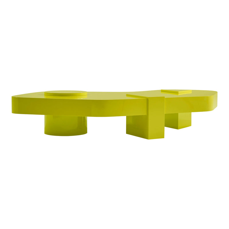 Bright yellow modern coffee table with a sleek, geometric design and smooth, glossy finish.