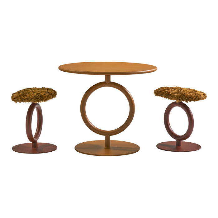 Modern three-piece seating set in warm earth tones and textured yellow fabric, featuring round and circular shapes.