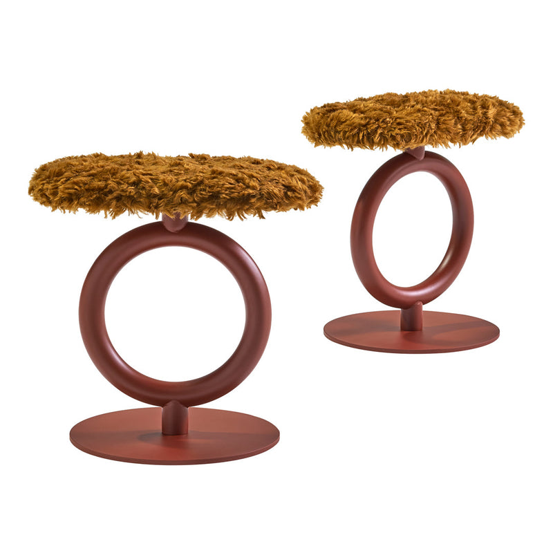 Pair of contemporary stools featuring a textured golden-brown fur seat and a circular burgundy frame.